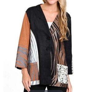 Ali Miles Faux Suede Jacket Womens Size Medium Abstract Patchwork Print Artsy